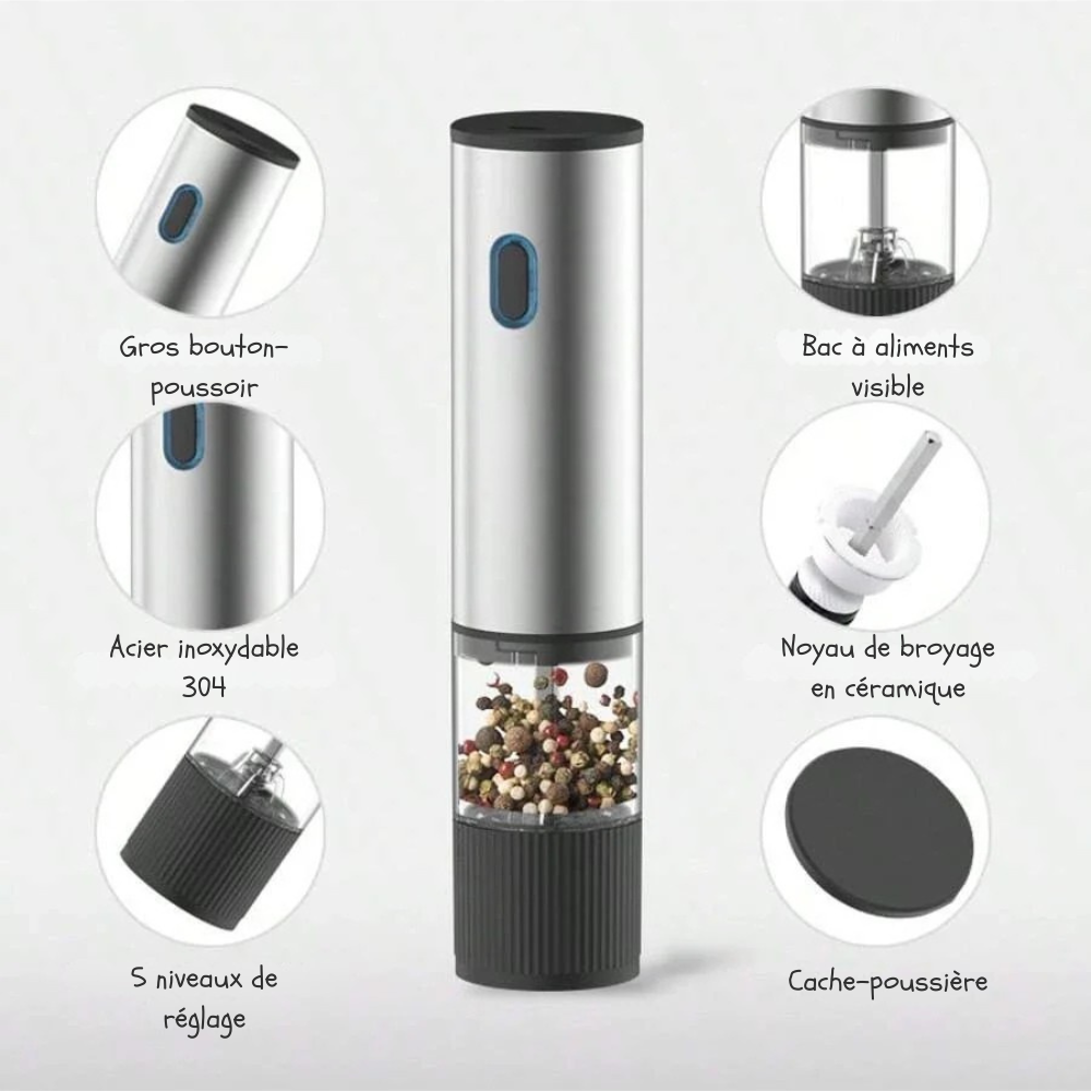 Moulin à poivre électrique rechargeable – Broyeur automatique à sel et poivre avec mouture réglable pour cuisine moderne