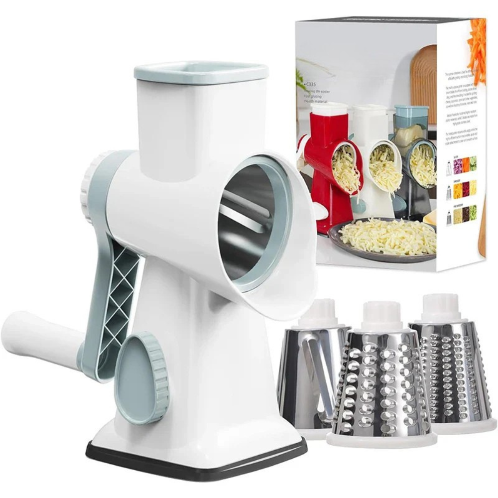 Moulin à légumes 3-en-1 rotatif – Râpe manuelle polyvalente pour fromage, légumes et fruits à coque, hachoir et trancheur de cuisine