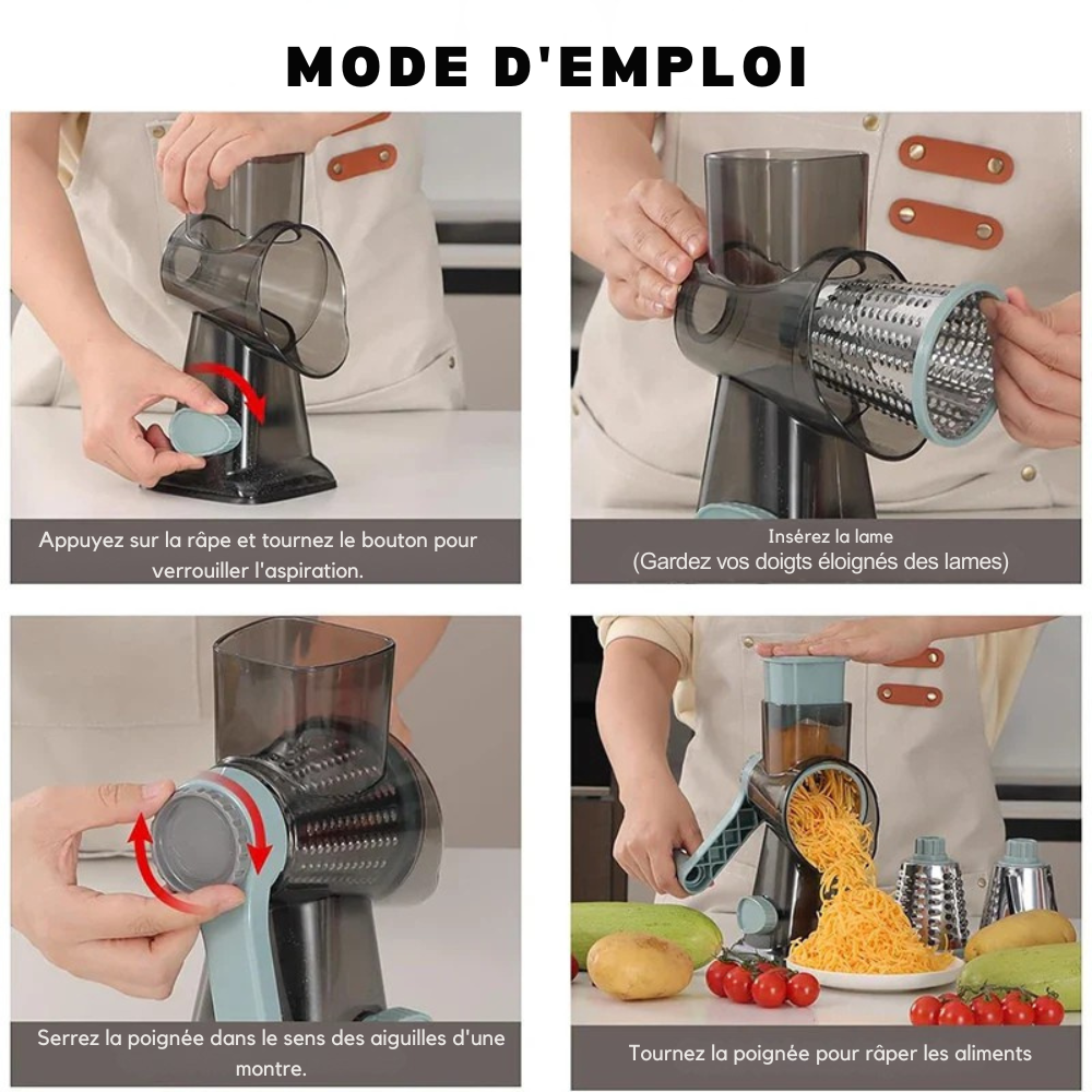 Moulin à légumes 3-en-1 rotatif – Râpe manuelle polyvalente pour fromage, légumes et fruits à coque, hachoir et trancheur de cuisine
