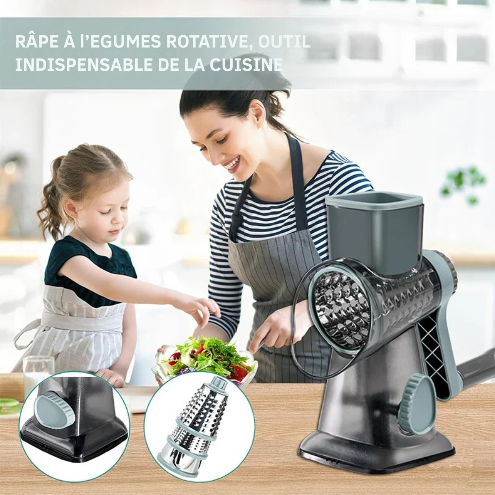 Moulin à légumes 3-en-1 rotatif – Râpe manuelle polyvalente pour fromage, légumes et fruits à coque, hachoir et trancheur de cuisine