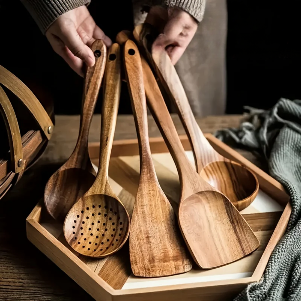 Ensemble d'Ustensiles de Cuisine en Bois – 3 ou 5 Pièces