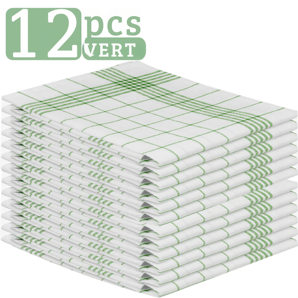 Lot de 6 ou 12 Torchons à Carreaux en Coton – Chiffons de Cuisine Réutilisables et Absorbants