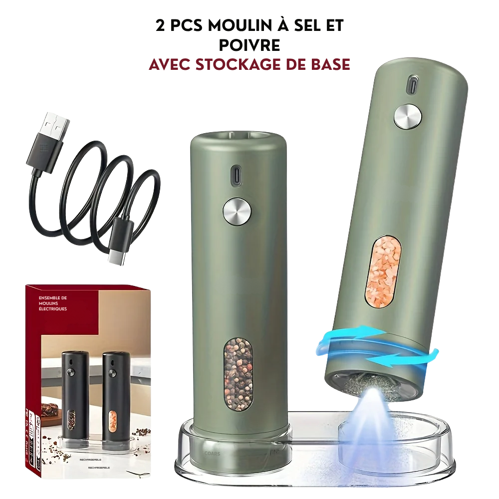 Moulin à Poivre Électrique Rechargeable avec Réglage de la Mouture