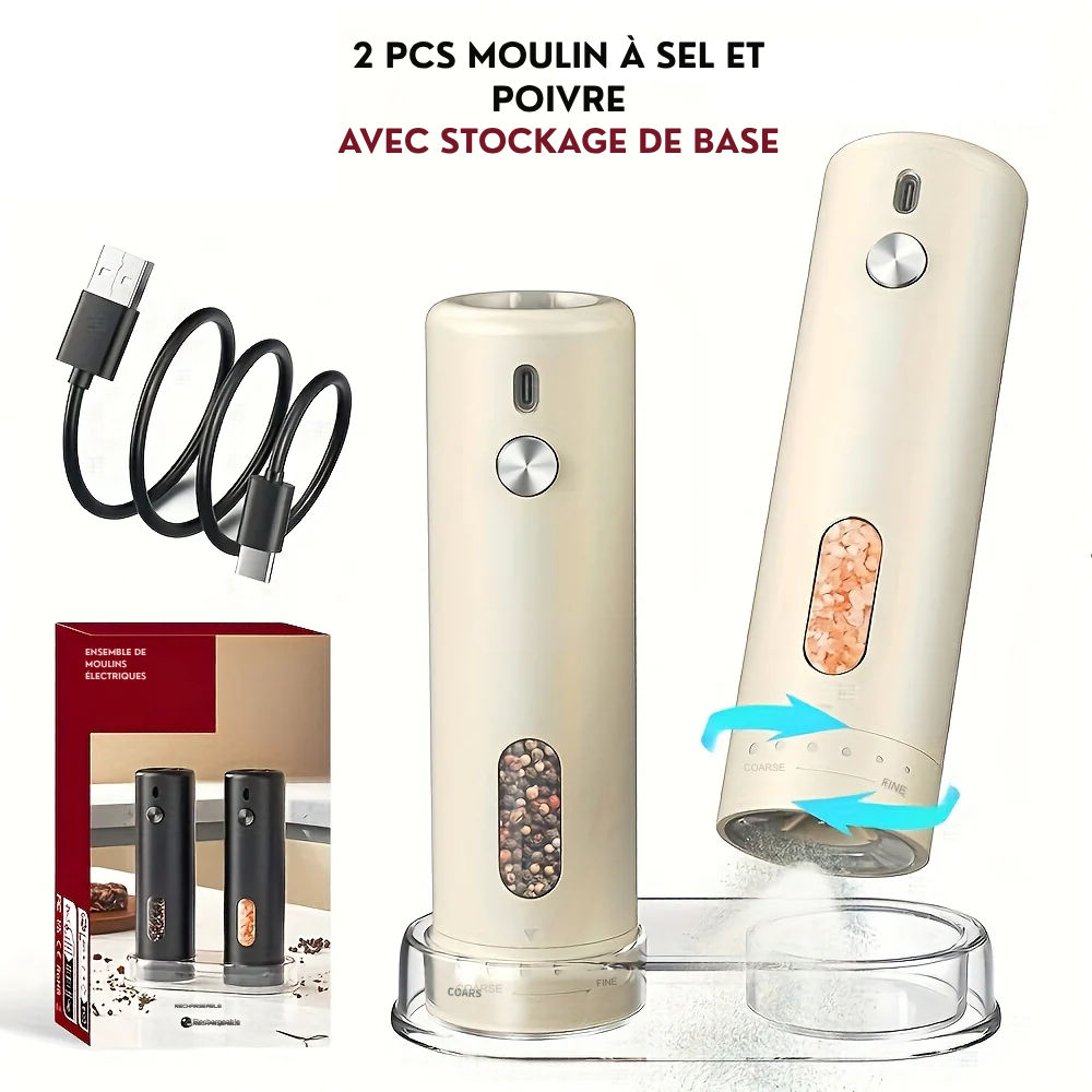 Moulin à Poivre Électrique Rechargeable avec Réglage de la Mouture
