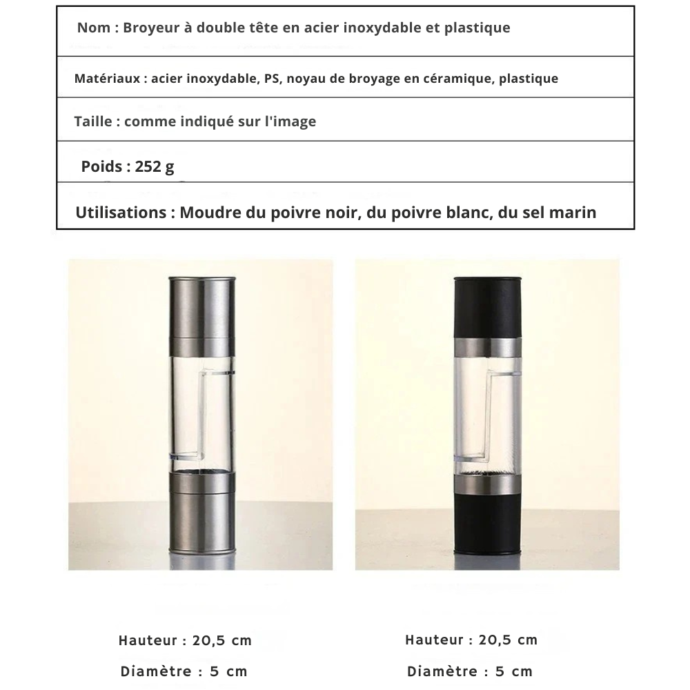 Salière poivrière 2-en-1 manuelle en acier inoxydable – Moulin à sel et poivre avec broyeur céramique réglable – photo 6